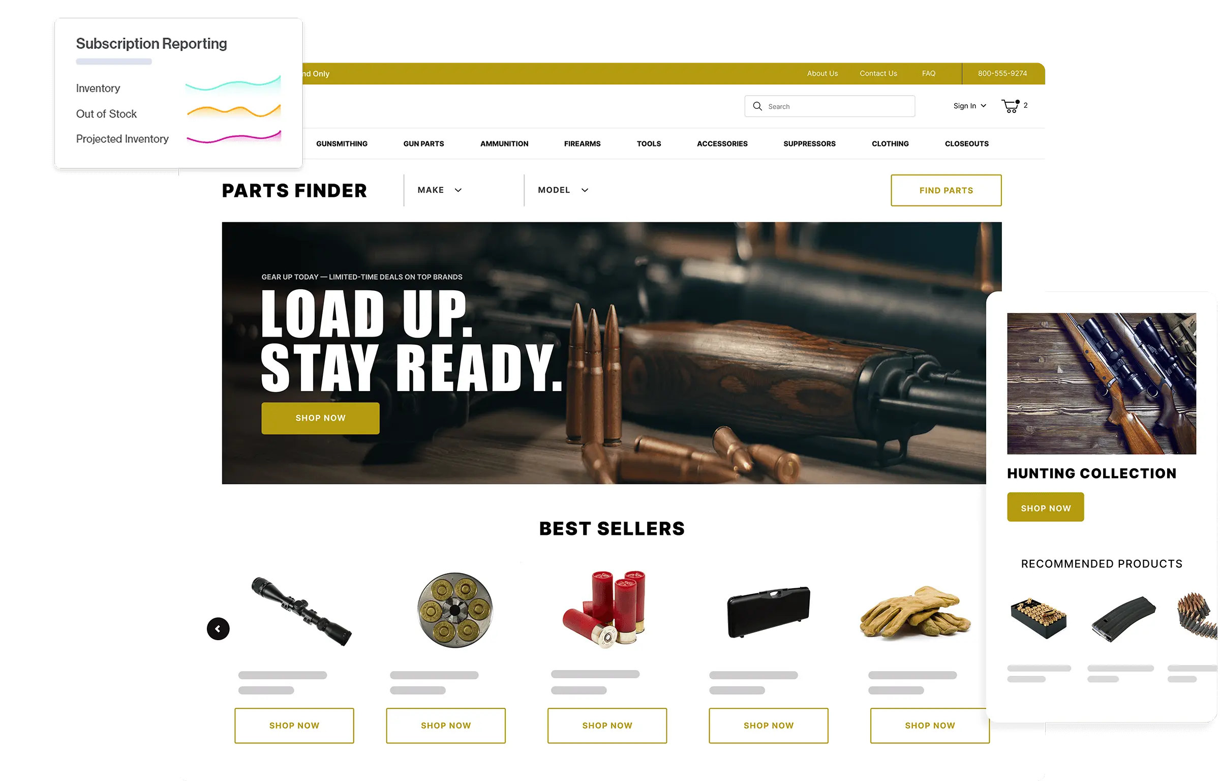 Screenshots of a firearms website, with a subscription reporting and mobile product page dialogs superimposed on top.