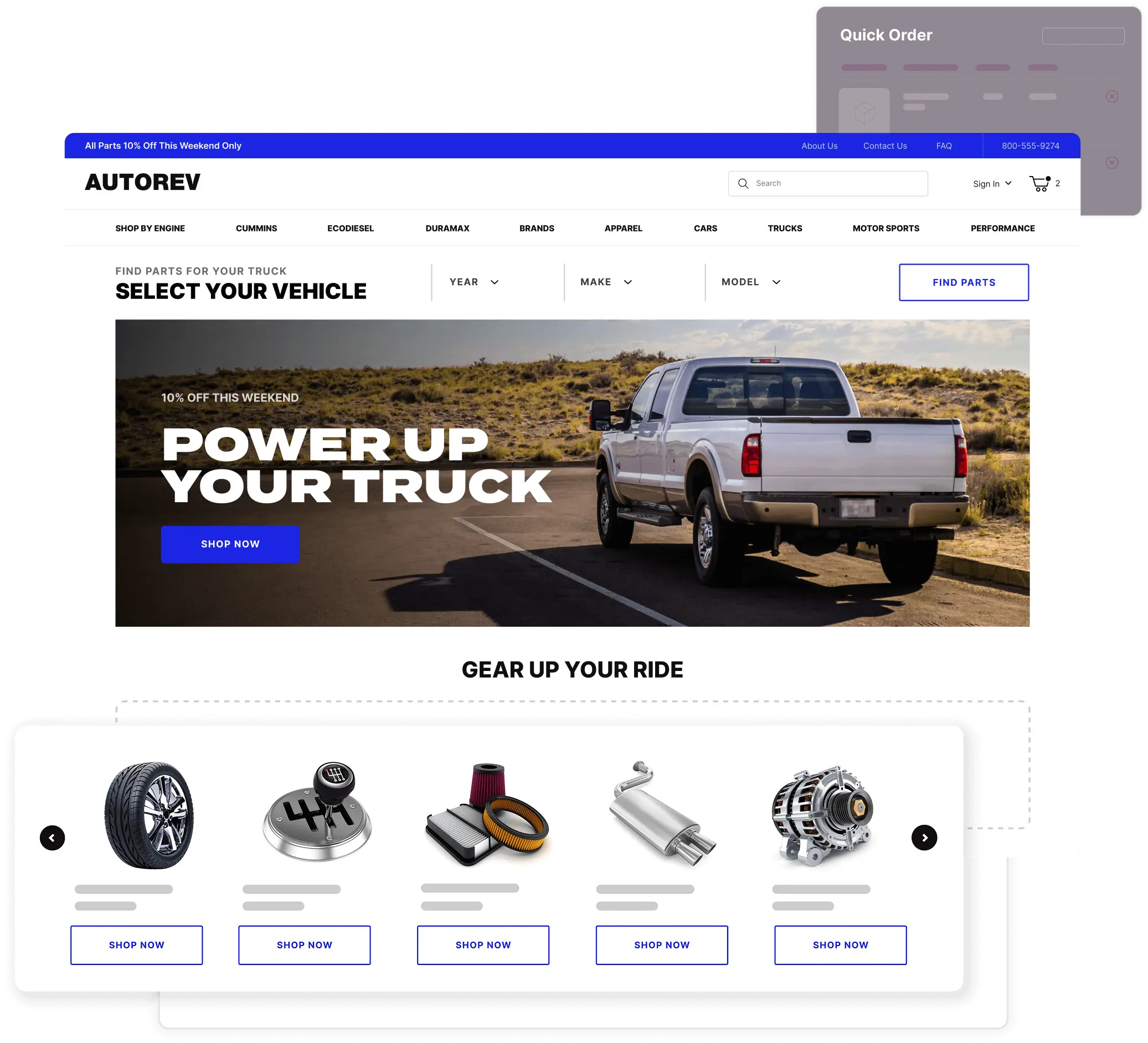 Screenshot of an automotive website home page. Featured products, Sales Growth reporting, and Quick Order dialogs superimposed on the screenshot.