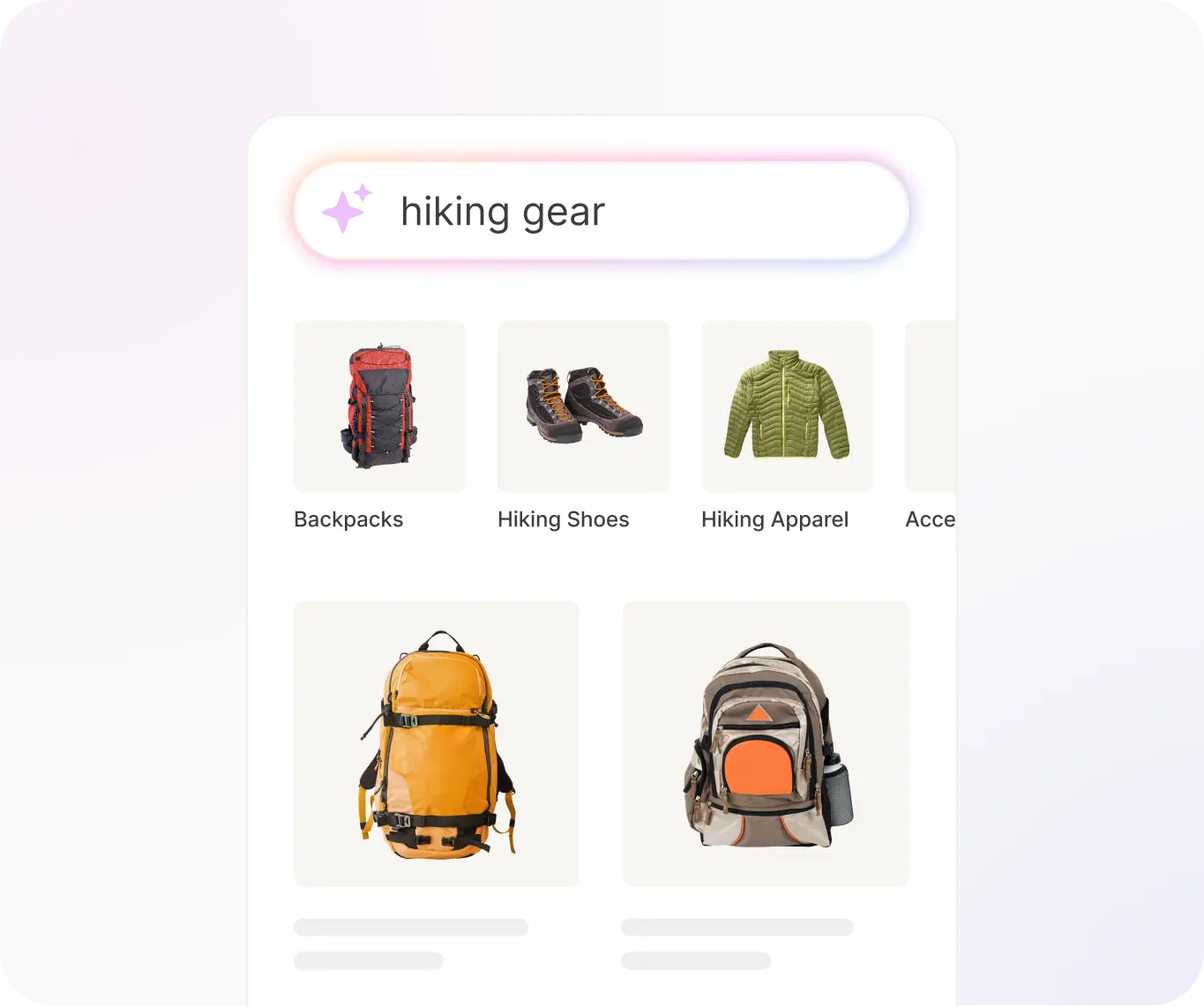 Screenshot of search results using Vexture AI Search for 'hiking gear'
