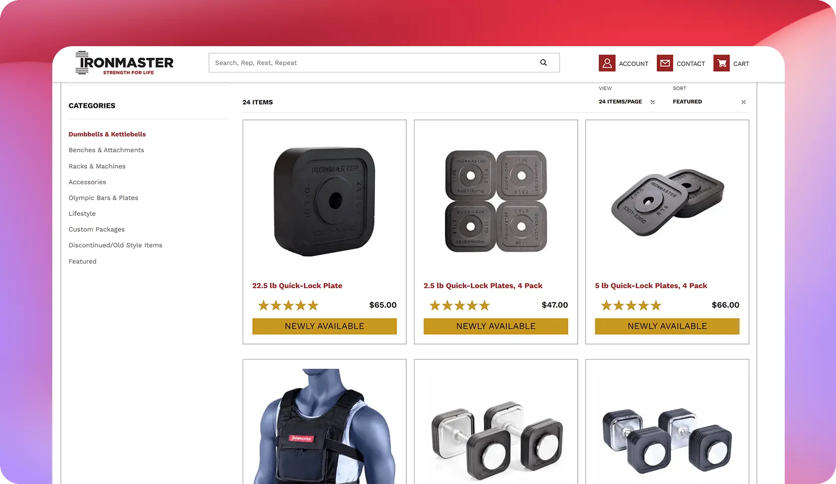 Screenshot of Ironmaster's category page showing the category Dumbbells & Kettlebells.