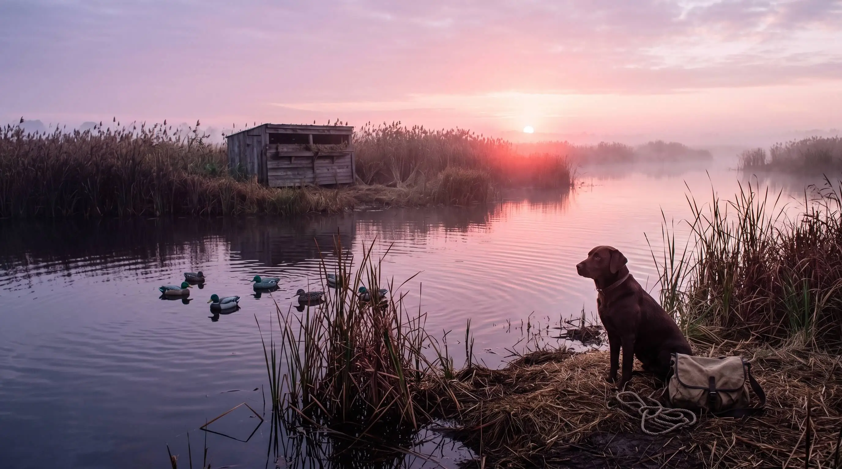 Hunting dog sitting at the edge of a marsh under a pink sky, with duck decoys on the water.