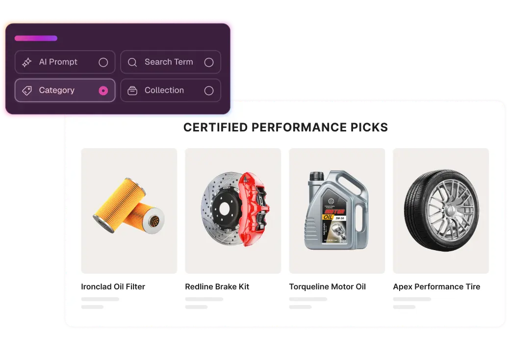 Screenshot of an automotive part category section with a dialog showing AI search options.