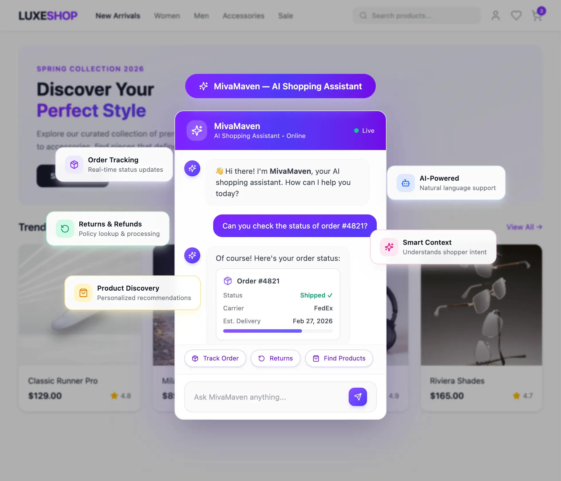 Screenshot of a website with Miva Maven AI Shopping assistant shown on top. It has Order Tracking, Returns & Refunds, Product Discovery, AI-Powered, and Smart Context highlighted.