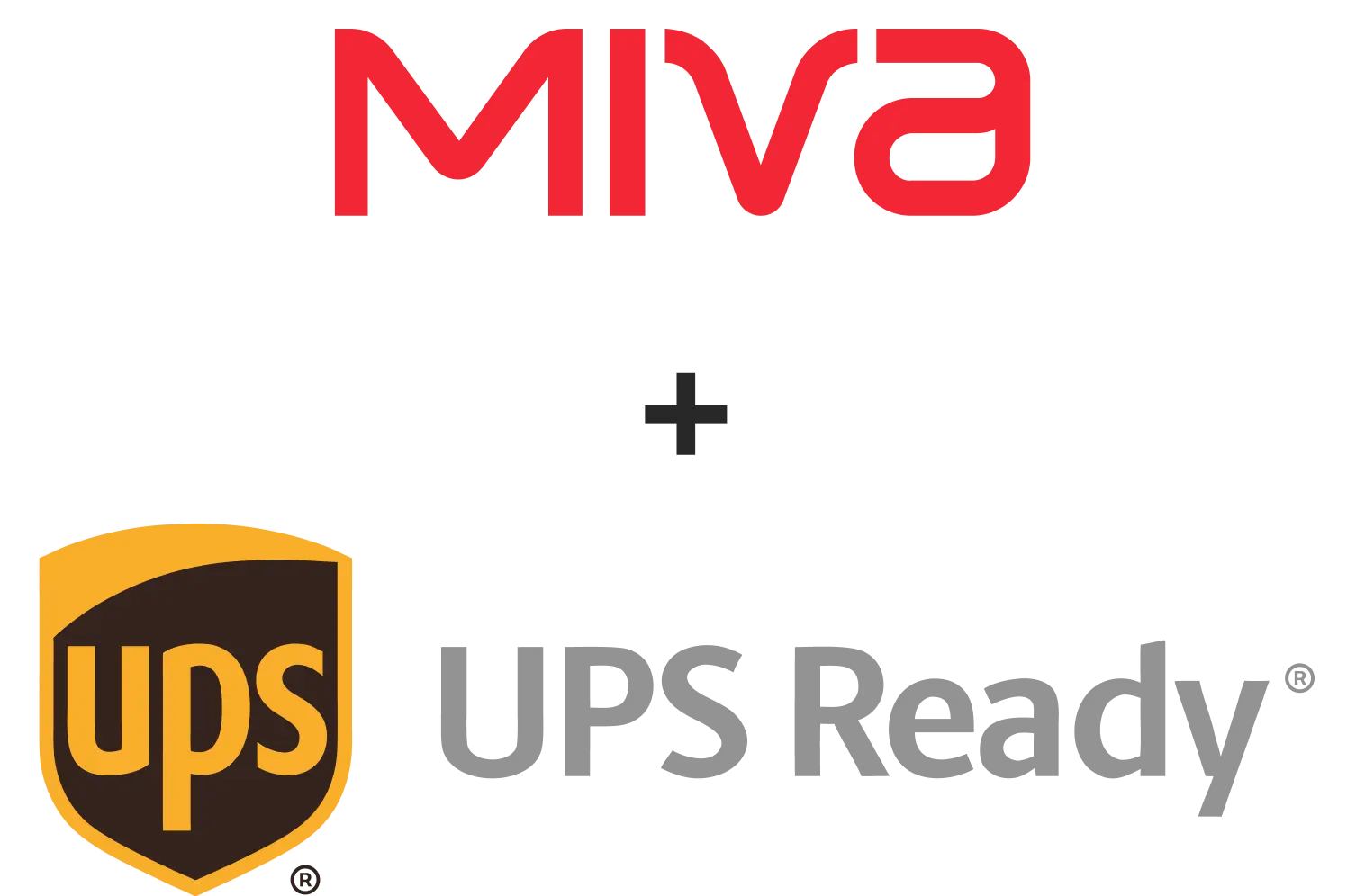 Miva logo and UPS Ready logos with a plus sign between them.