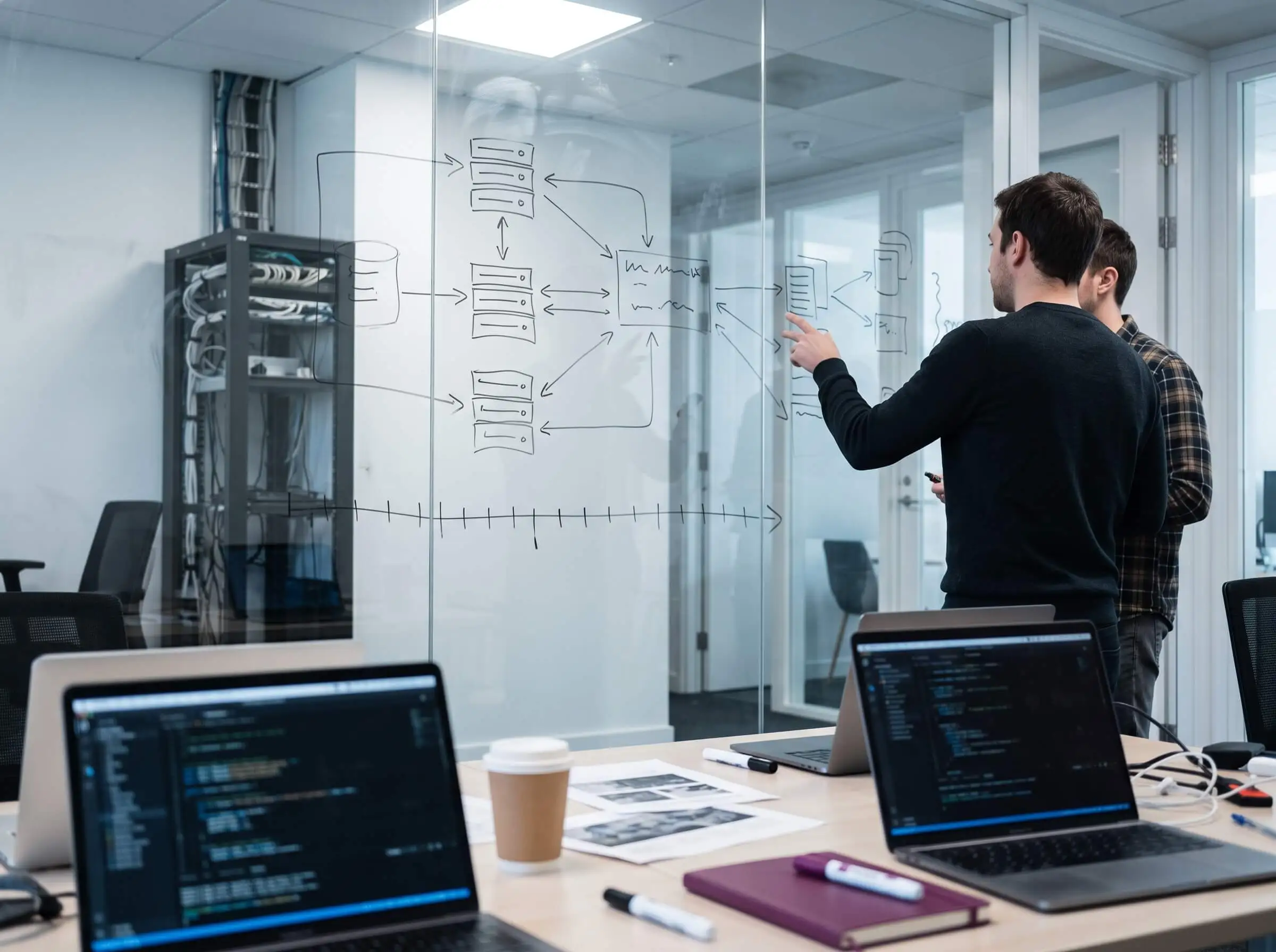 2 developers in an office review a system architecture diagram drawn on a glass wall, with code open on laptops in the foreground.