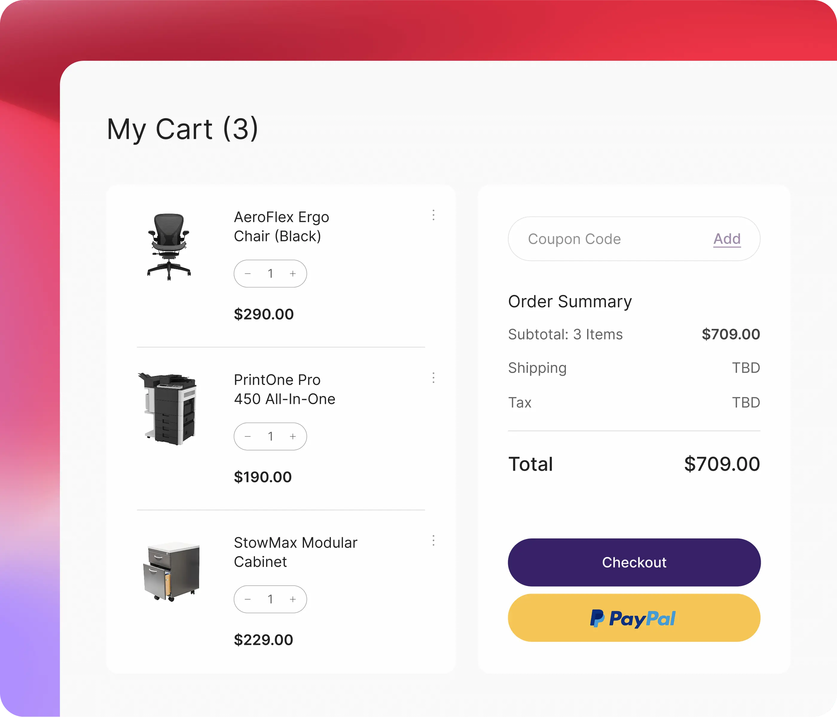Screenshot of a basket page with three office items in it, and a order summary to the right with a checkout and PayPal button.
