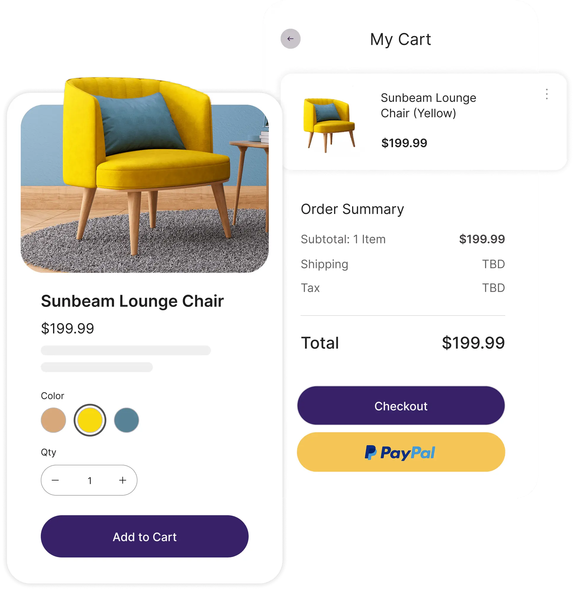 Screenshots of a product page for a lounge chair next to a screenshot of the chair on a basket page.