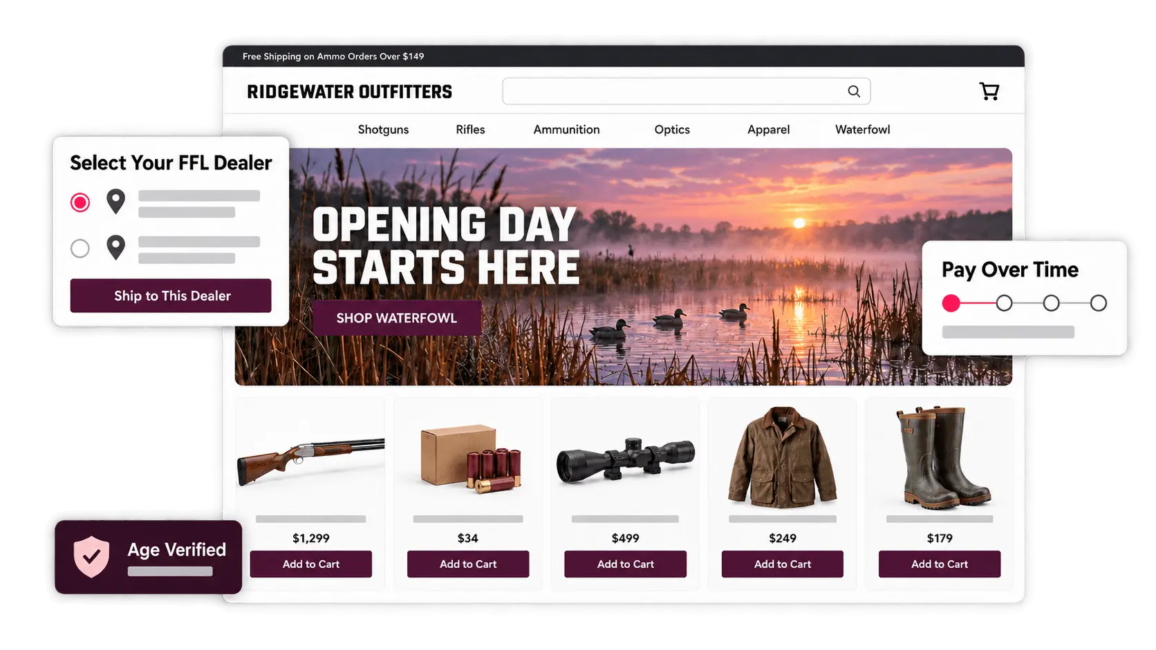 Outdoor storefront for Ridgewater Outfitters with an FFL dealer selector, age verification badge, pay-over-time installments, and products including a shotgun, shotshells, a rifle scope, a jacket, and boots.