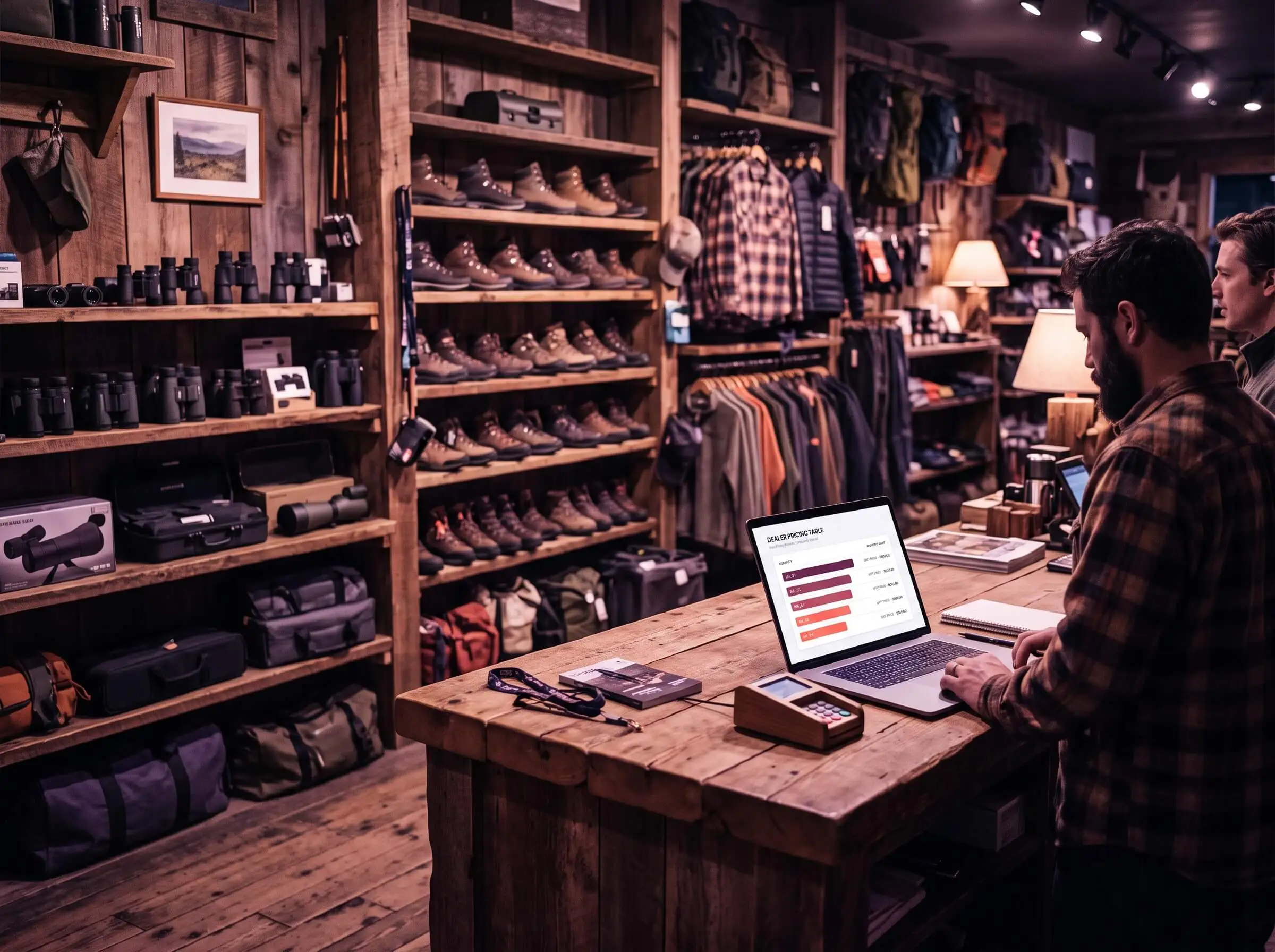 Store owner using a laptop at the counter of a wood-paneled outdoor gear shop.