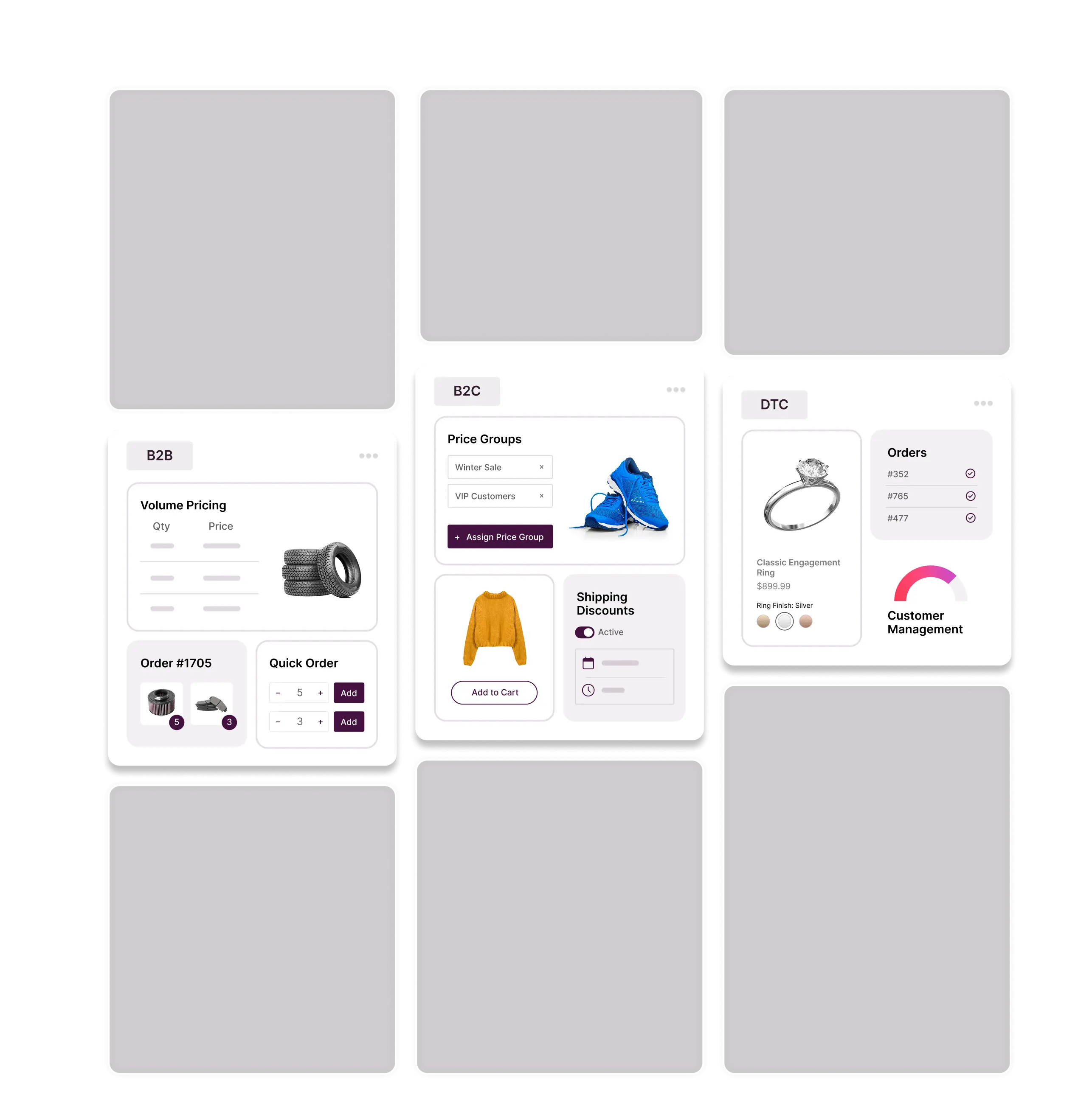 Cards with B2B, B2C, and DTC headings showing different features for each.