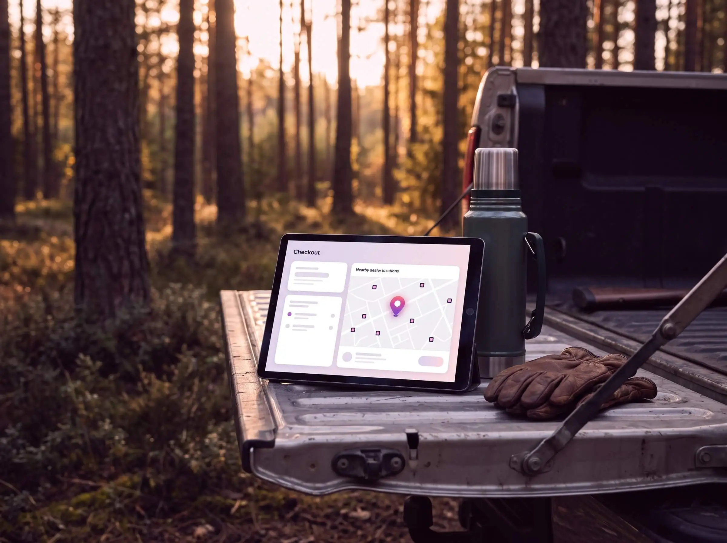 Tablet on a pickup tailgate in a pine forest showing a store locator map, next to a thermos and leather gloves.