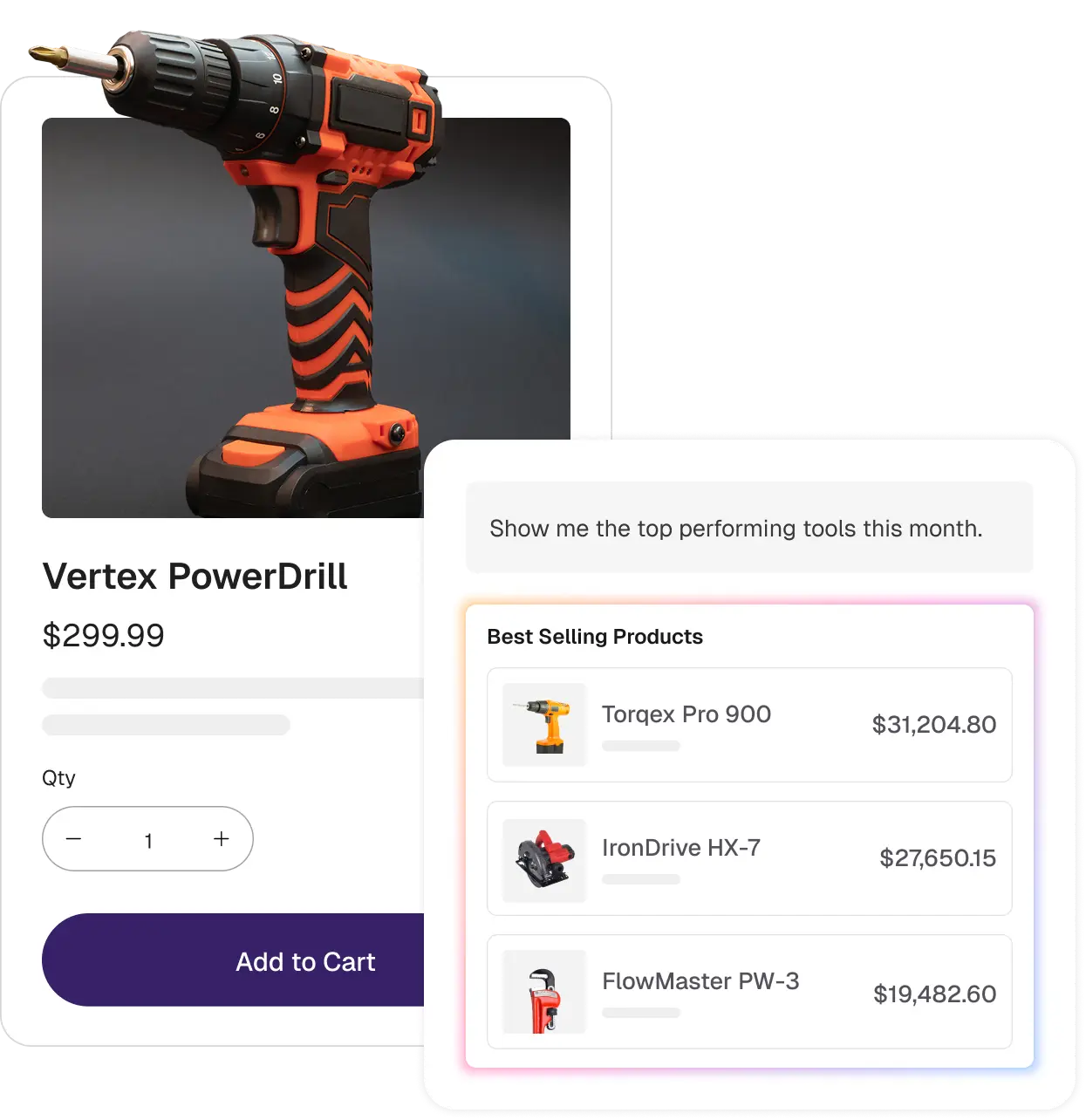 Image of a Vertext PowerDrill product with a dialog on top using AI to ask to be shown the top performing tools for the month.