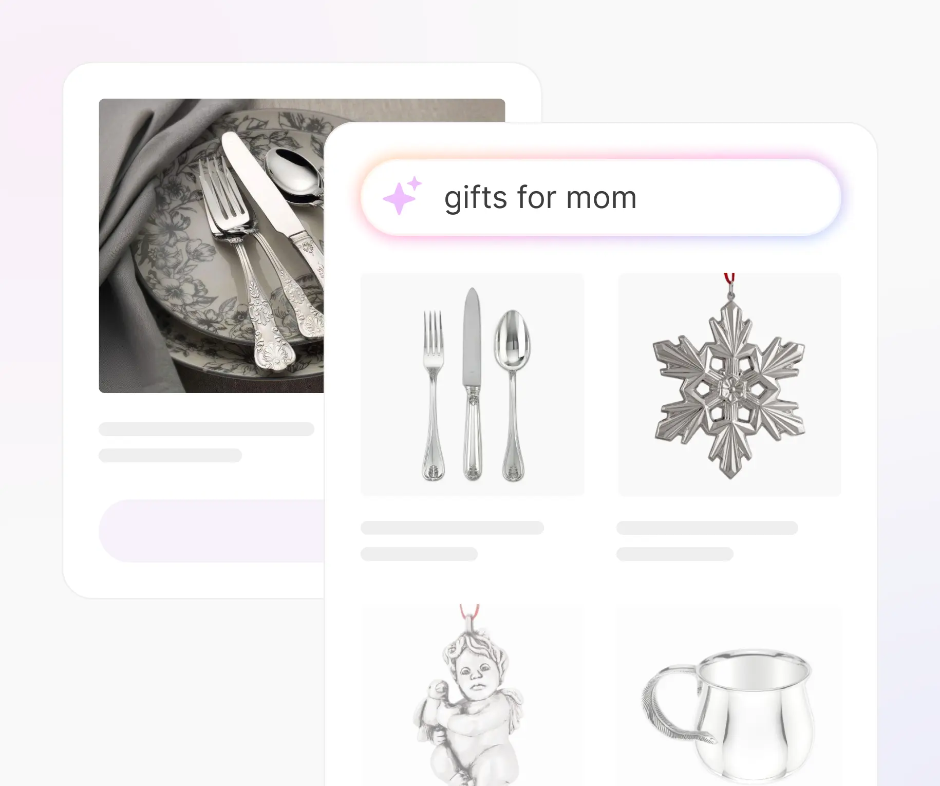 Two dialogs, one showing the search query 'gifts for mom' with results. The other is a mobile product page for silverware.
