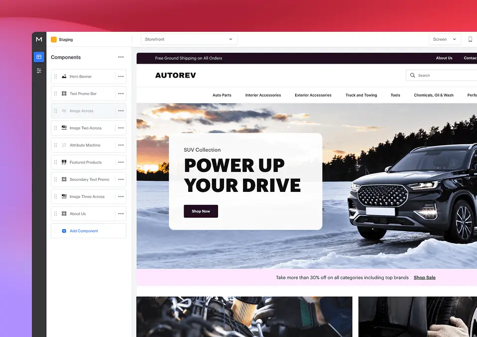 Screenshot of Miva's PageBuilder feature, editing what appears on the home page of an automotive website.