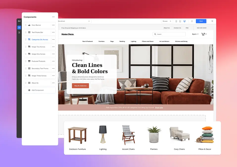 Screenshot show Miva's PageBuilder feature, showing the editing of categories that are displayed on page.
